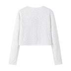 Women's short bolero jacket with sequin trim and double tied satin bows Fashion Glam
