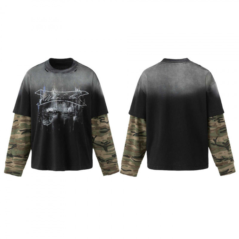 Unisex Oversize Layering Shirt with camouflage sleeves, vintage graphic and destroy details Fashion Glam