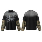 Unisex Oversize Layering Shirt with camouflage sleeves, vintage graphic and destroy details Fashion Glam