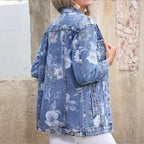 Women’s Longer Denim Jacket with Floral Allover Print, Chest Flap Pockets, and Casual Oversized Fit Fashion Glam