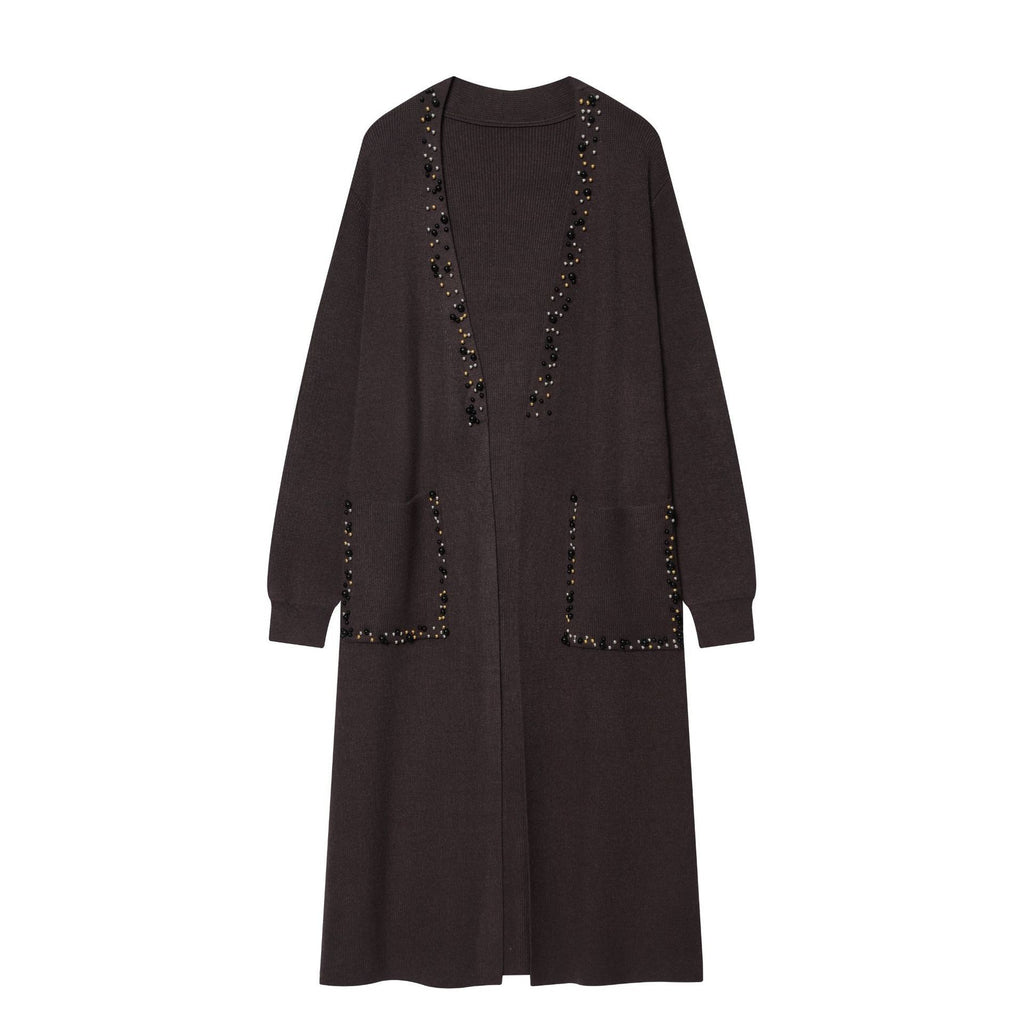 Women's long knit cardigan with bead embellishment and patch pockets Fashion Glam