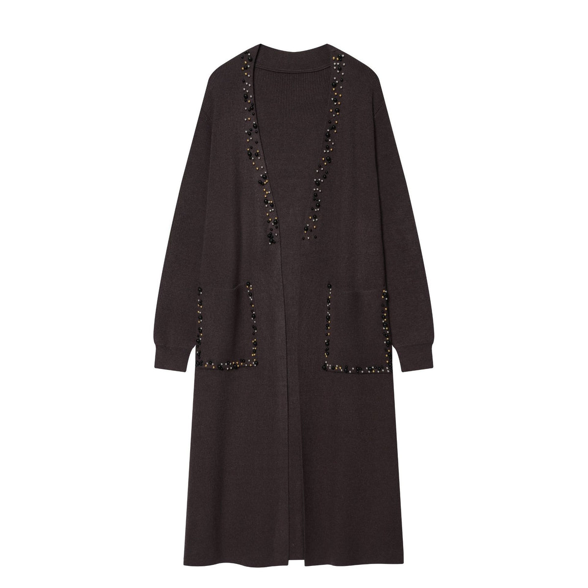 Women's long knit cardigan with bead embellishment and patch pockets Fashion Glam