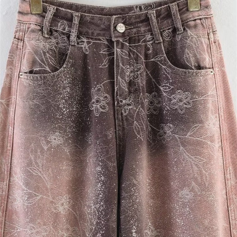 Women's High-Waist Jeans with Wide Leg, Floral Vintage Print and Five-Pocket Cut Fashion Glam