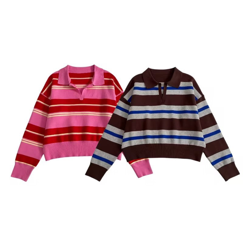 Women's Striped Polo Collar Sweater with Boxy Fit and V-Neck Fashion Glam