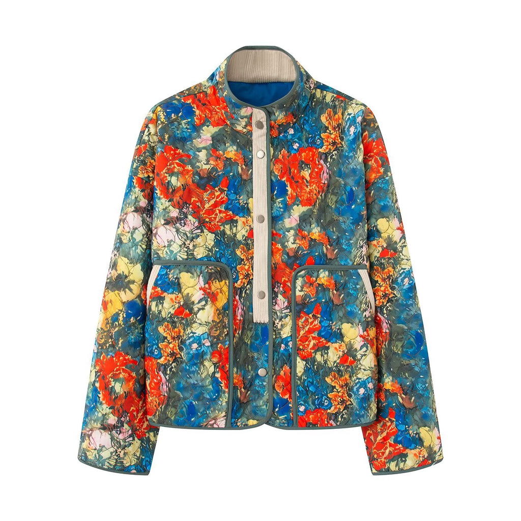 Women Quilted Transitional Jacket with Floral Allover Pattern and Stand Collar Fashion Glam