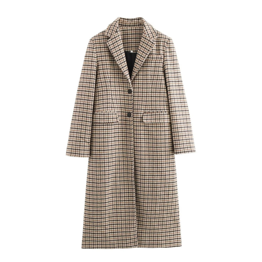 Women Long Houndstooth Coat with Lapel Collar, Two-Button Closure and Flap Pockets Fashion Glam