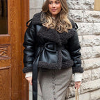 Women Short Sheepskin Imitation Flight Jacket with Waist Belt and Teddy Lining Fashion Glam