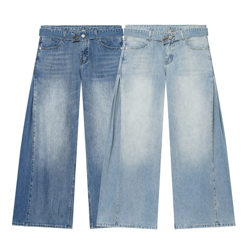 Women Wide Denim Pants with Side Pleat Inserts, High Waist and Waist Belt Fashion Glam
