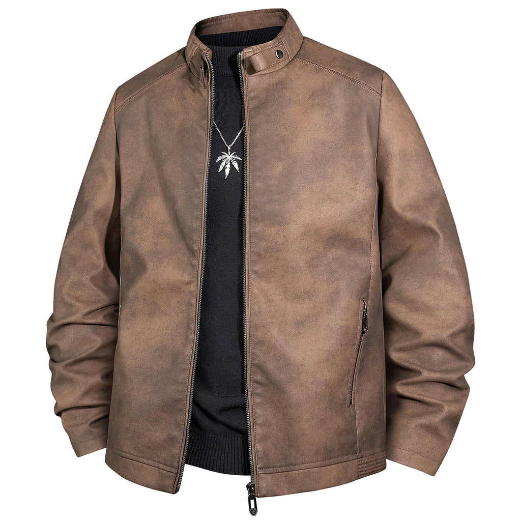 Men's Vintage Leather Look Bomber Jacket with Stand-up Collar and Zipper Fashion Glam