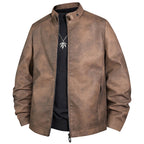 Men's Vintage Leather Look Bomber Jacket with Stand-up Collar and Zipper Fashion Glam