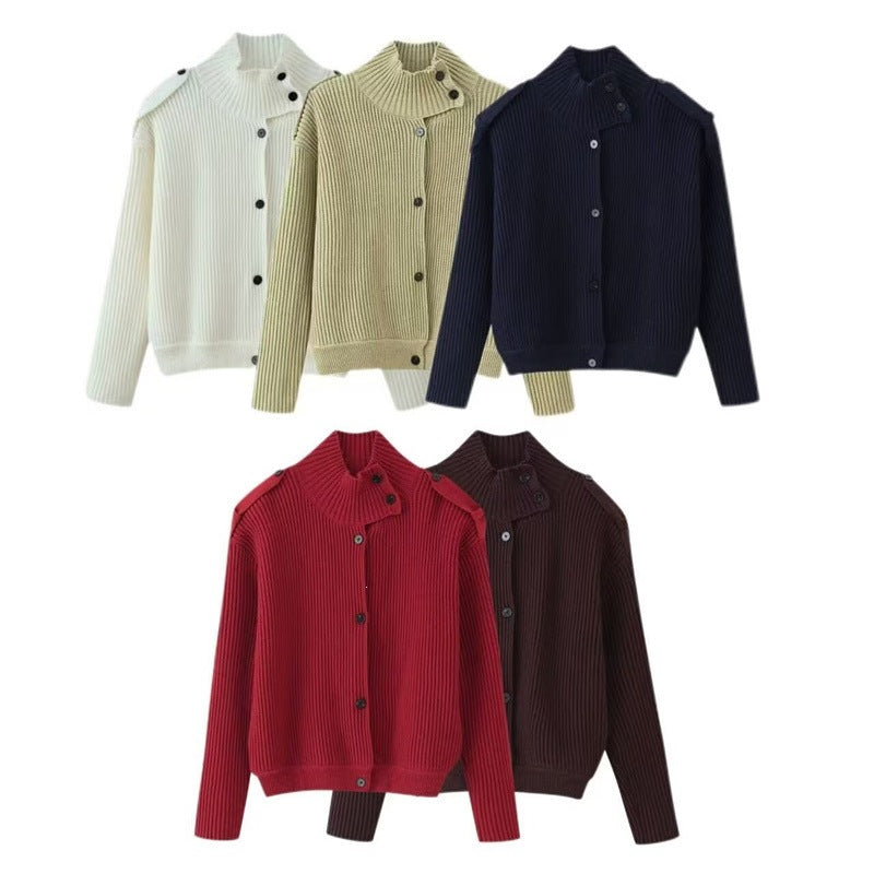 Women's Ribbed Knitted Cardigan with Stand-up Collar and Shoulder Button Detail Fashion Glam