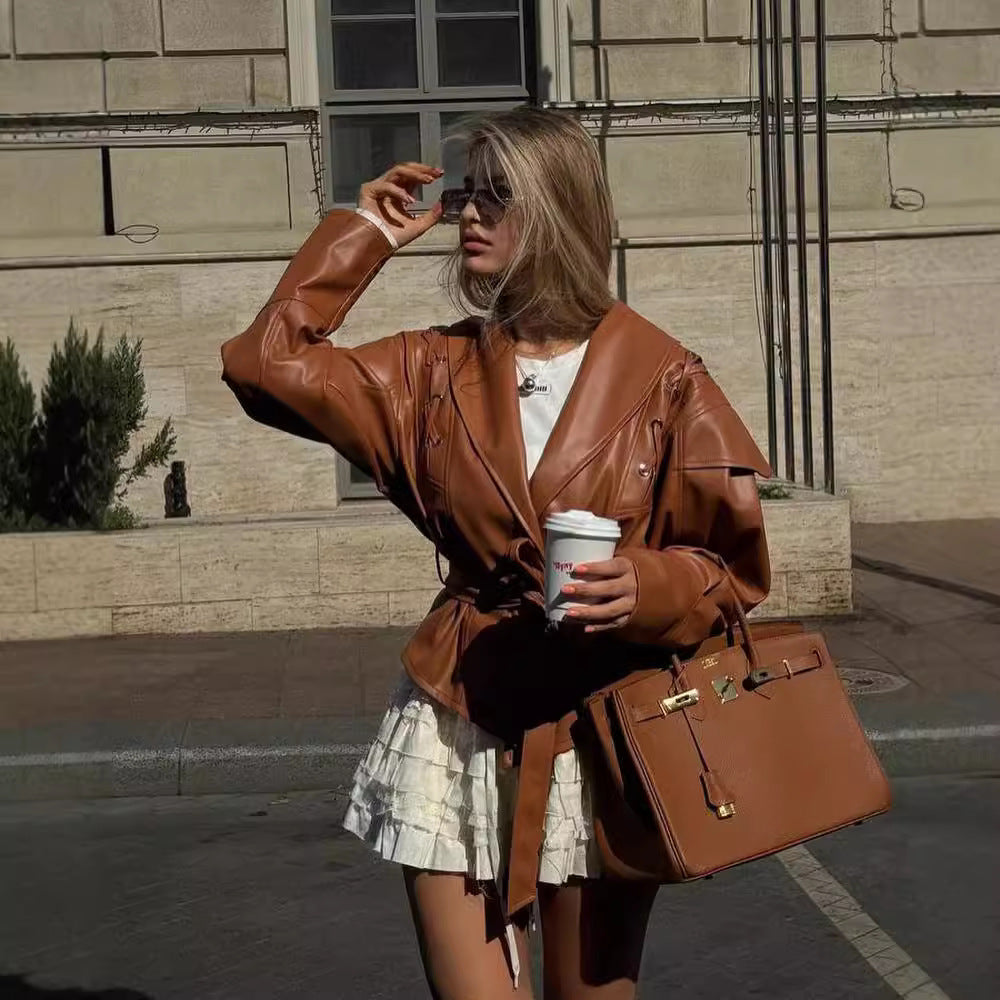 Women short jacket in velour look with shawl collar, belt at waist and decorative lacing Fashion Glam