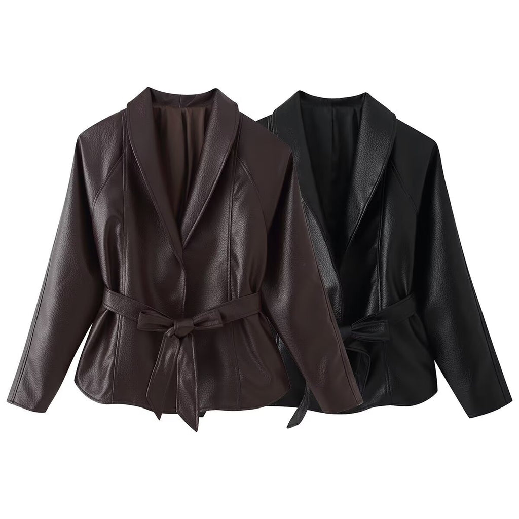Women's Tailored Tie-Belt Leather Blazer with Shawl Collar Fashion Glam