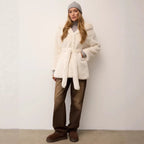 Women's short fitted faux fur coat with hood and tie belt Fashion Glam