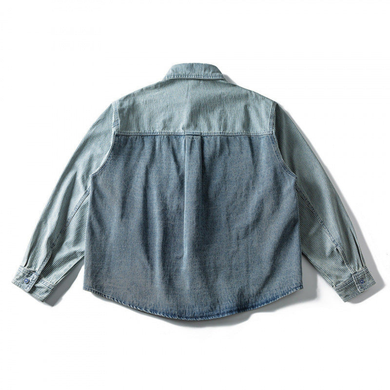 Unisex Wide Two-Tone Denim Shirt with Stripe Mix and Boxy Oversized Cut Fashion Glam