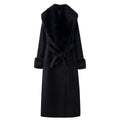 Women Elegant Wool Coat with Large Faux Fur Collar and Tie Belt Fashion Glam