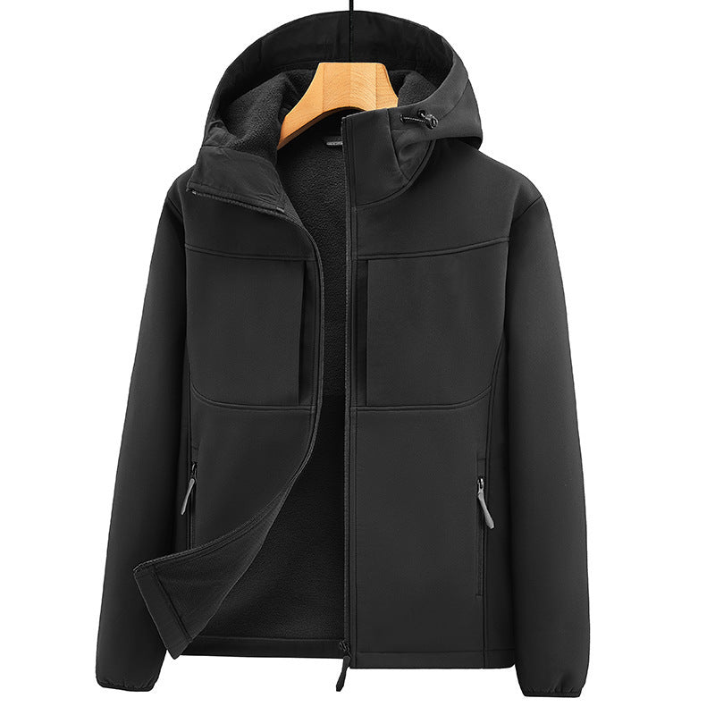 Men's Thermo Softshell Jacket with Sherpa Lining, Hood and Concealed Zipper Pockets Fashion Glam