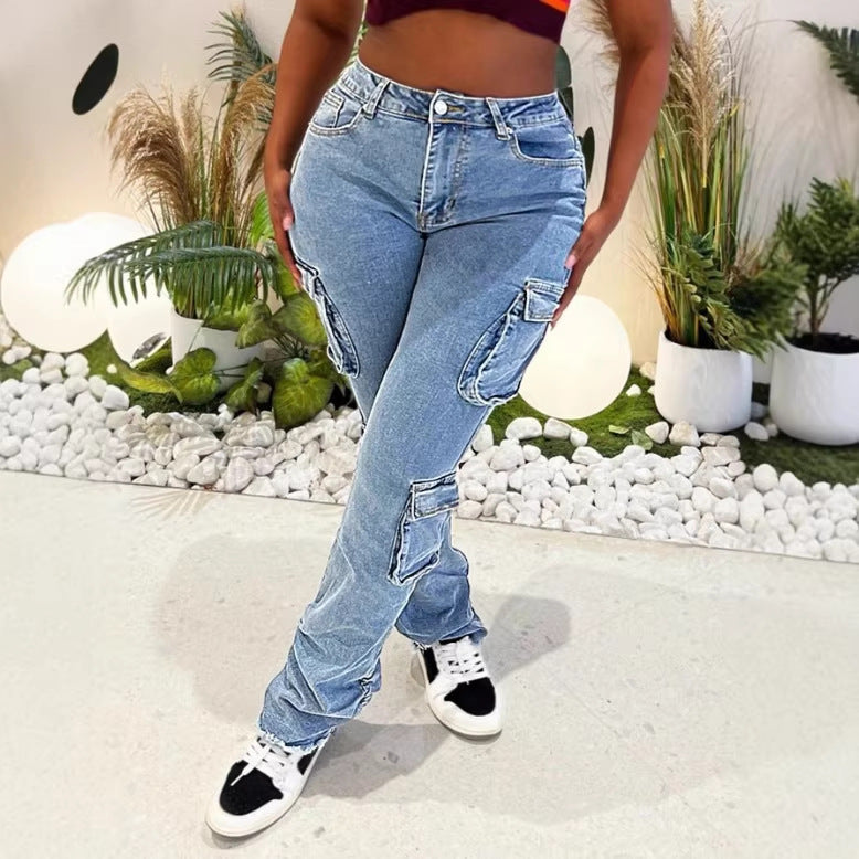 Ladies Cargo Denim Jeans with High Waist, Slim Fit Hips and Patch Utility Pockets Fashion Glam