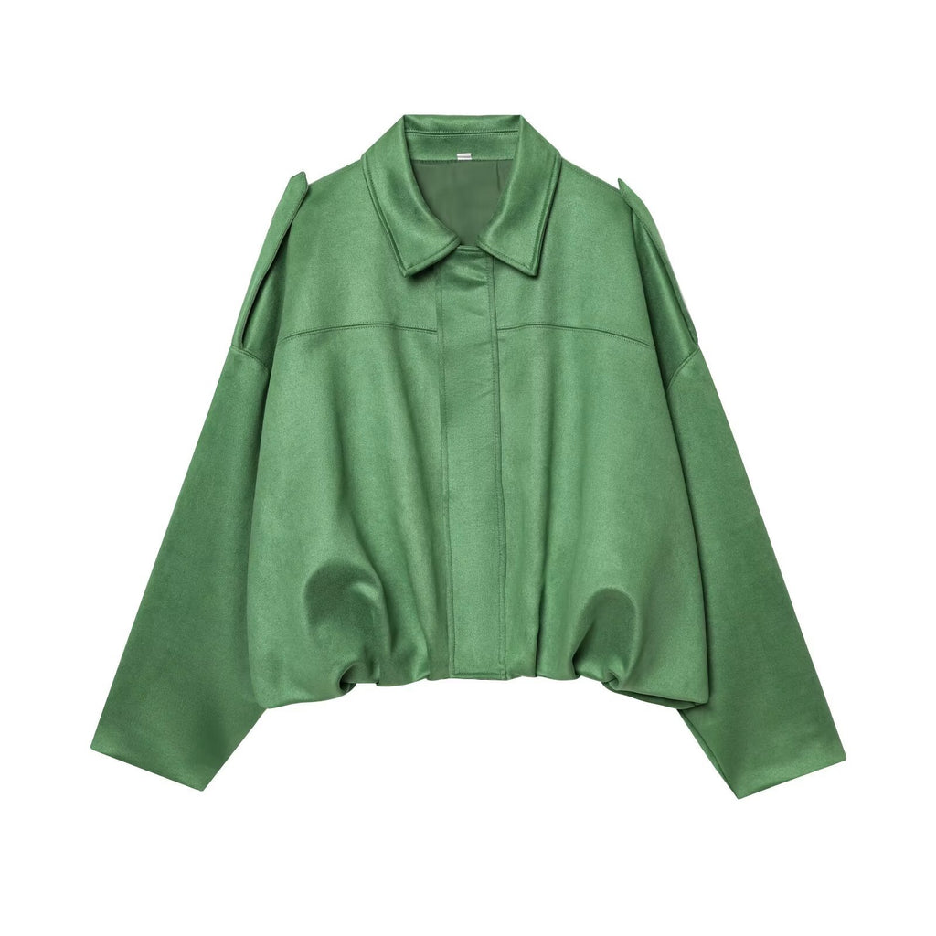 Women's Cropped Suede Look Blouson Jacket with Waist Smocking and Shoulder Patches Fashion Glam