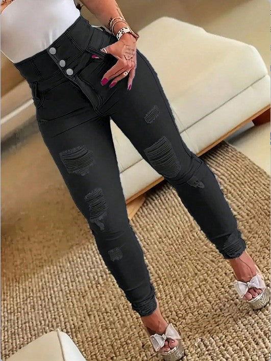 Women's High-Waisted Sculpting Skinny Jeans with Rips and Triple Button Fashion Glam