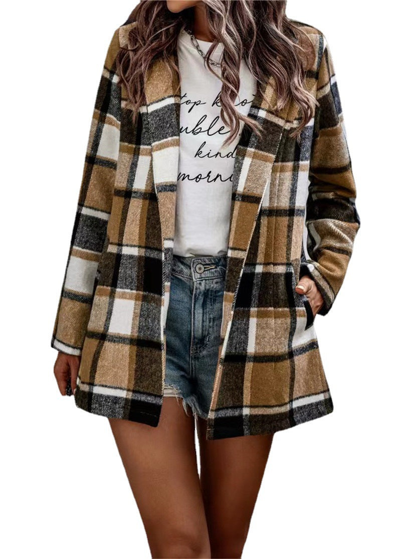 Women Checked Long Blazer Shacket Without Collar, Open Cut Fashion Glam