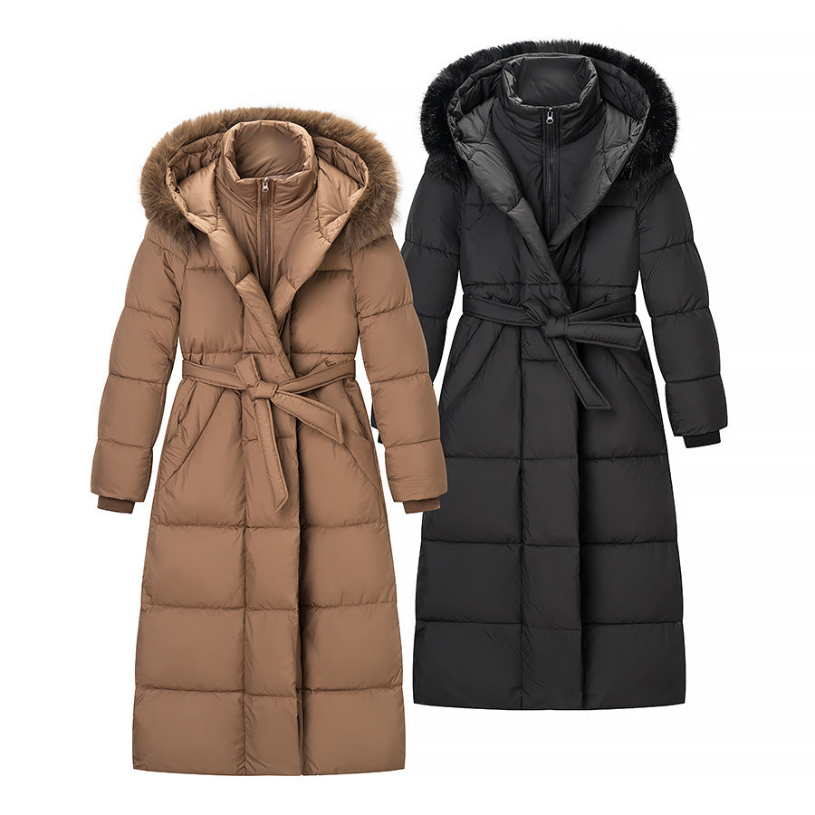 Women's Longer Quilted Down Coat with Hood, Faux Fur Trim and Waist Belt Fashion Glam