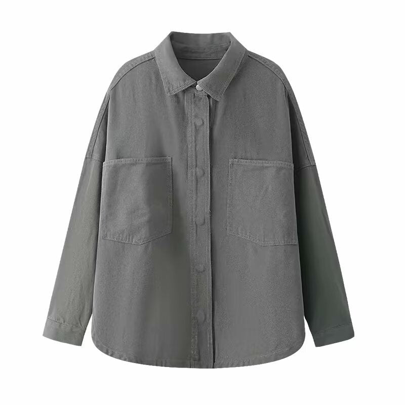 Women's Oversize Jeans Shirt Jacket in Boxy Cut with Patch Chest Pockets and Rounded Hem Fashion Glam