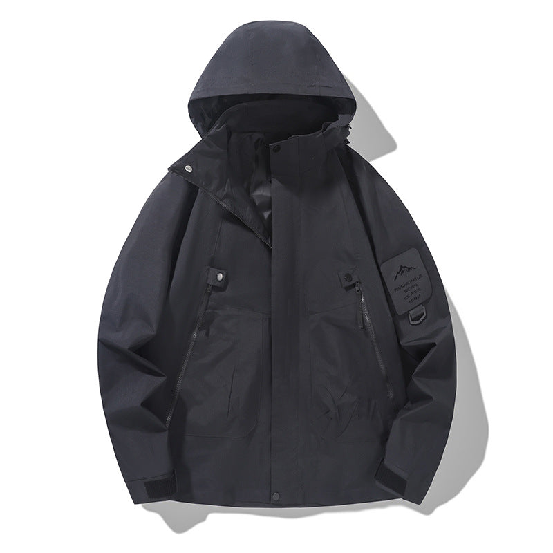 Men's Technical Hooded Utility Jacket with Concealed Front Placket, Zipper Pockets and Arm Pocket Fashion Glam