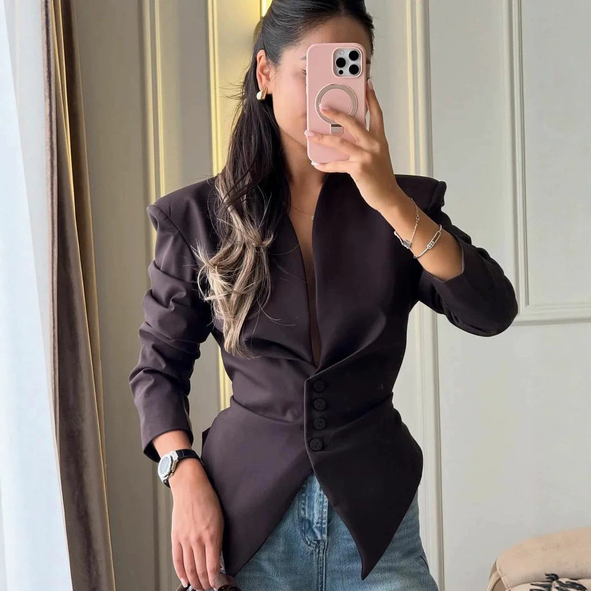 Women Tailored Blazer with Deep V-Neck, Structured Shoulder and Pointed Peplum Fashion Glam