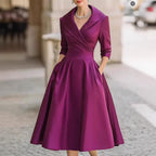 Women's Elegant Satin Midi Dress with Wrap Top, Mid-Length Sleeves and Side Pockets Fashion Glam