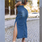Women's High-Waisted Denim Midi Skirt with Cargo Pockets, Side Slits, and Waist-Defining Cut Fashion Glam