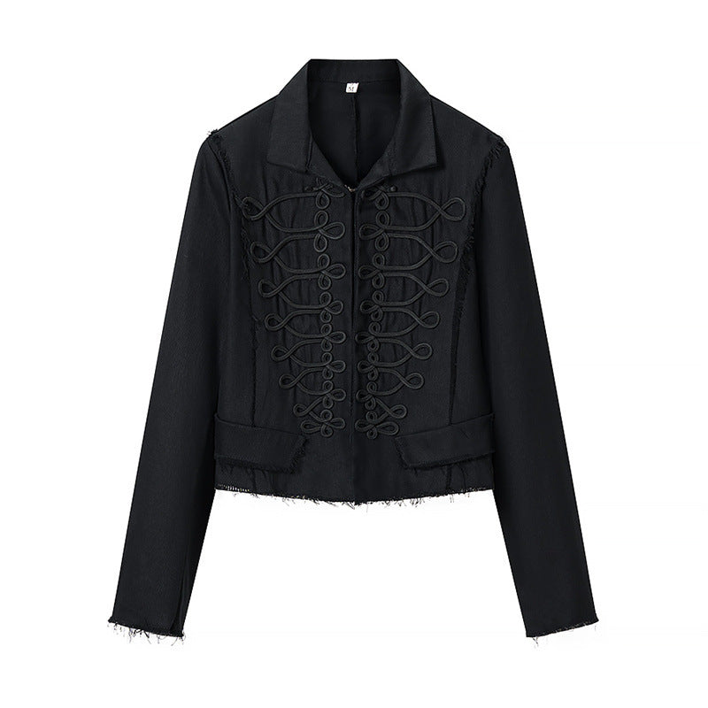 Women Cropped Military Inspired Jacket with Braid Application and Fringed Hem Fashion Glam