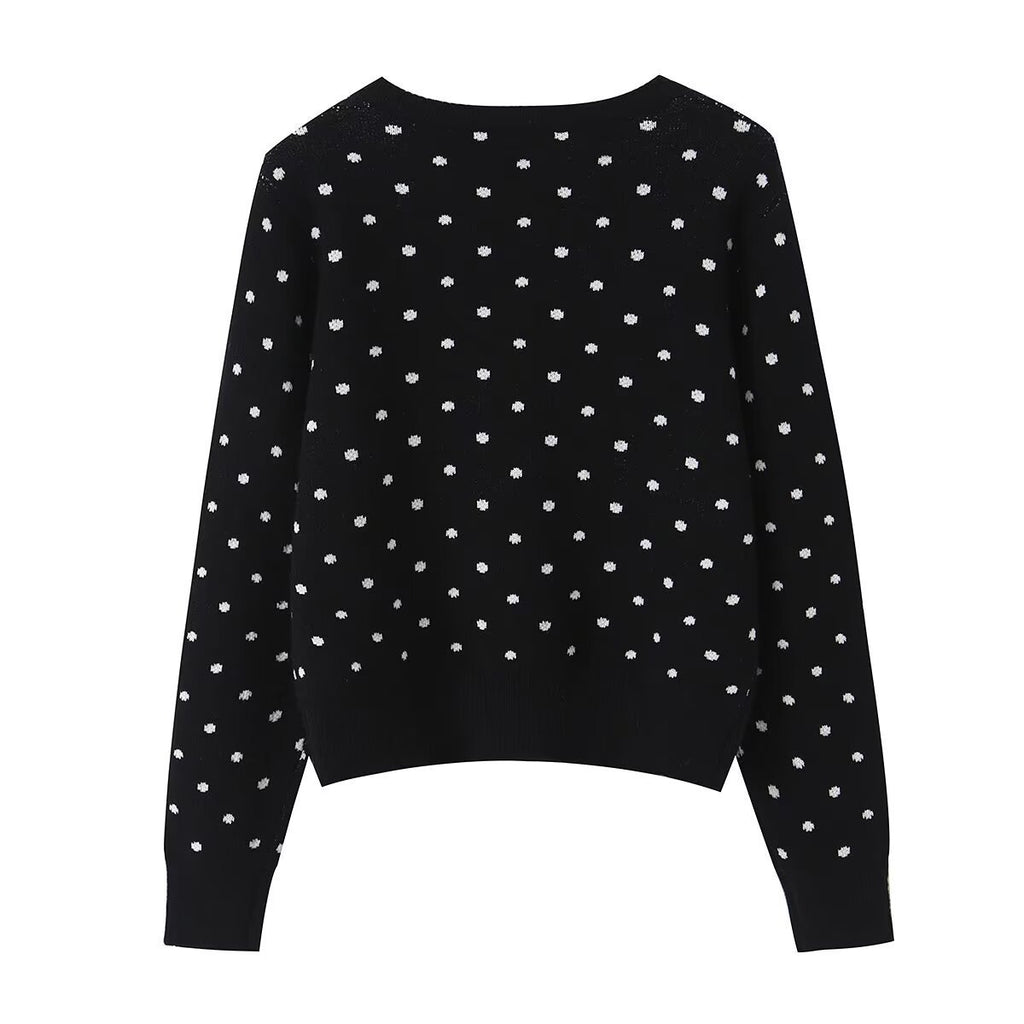 Women short cut fine knitted cardigan with round neckline, button placket and all-over polka dot pattern Fashion Glam