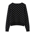 Women short cut fine knitted cardigan with round neckline, button placket and all-over polka dot pattern Fashion Glam