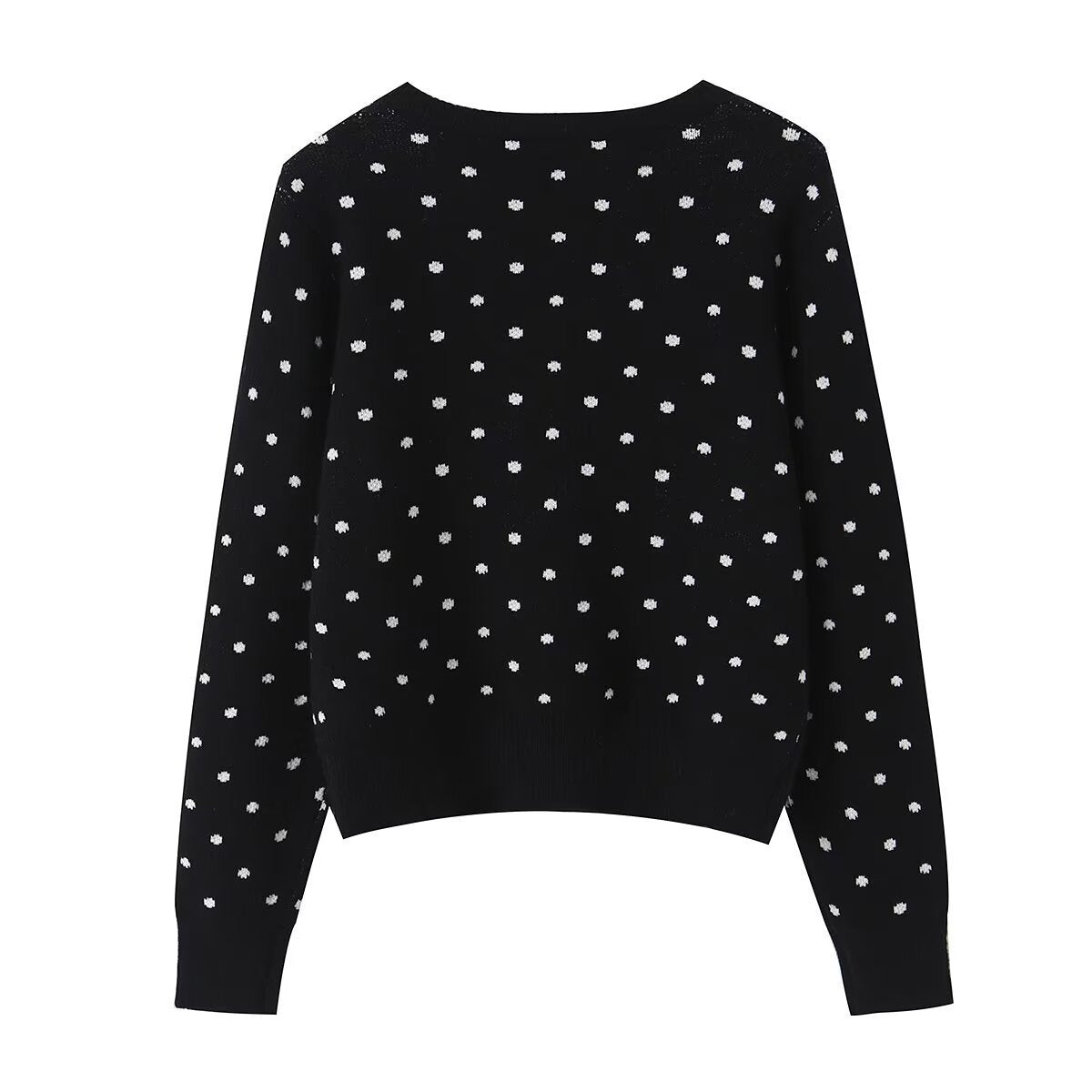 Women short cut fine knitted cardigan with round neckline, button placket and all-over polka dot pattern Fashion Glam