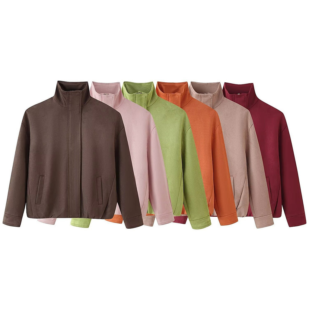 Women's Boxy Short Jacket with High Stand Collar and Concealed Zipper Fashion Glam