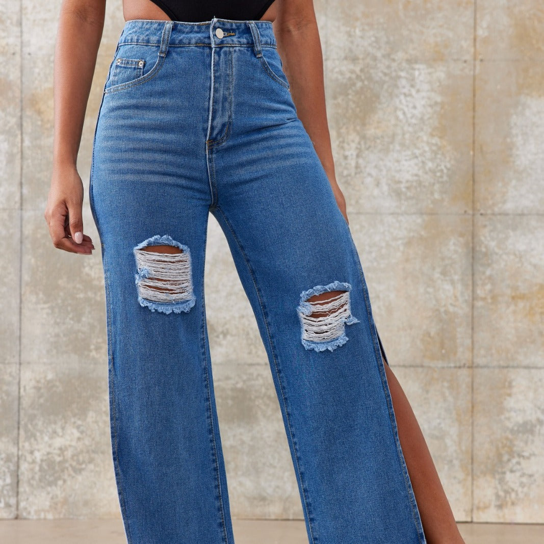 Women's high-waisted wide-leg jeans with large knee rips and side leg slits Fashion Glam