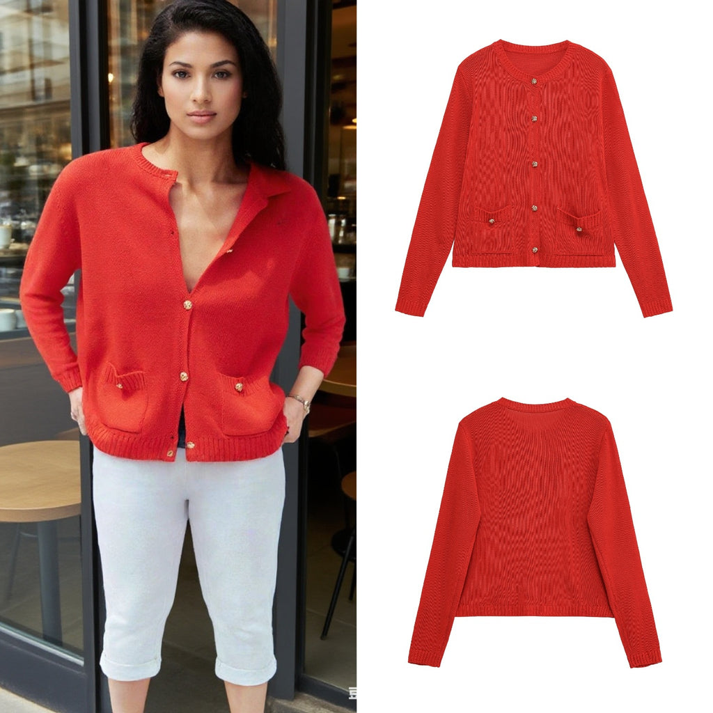 Women Fine Knit Cardigan with Decorative Buttons, Round Neckline and Patch Pockets Fashion Glam