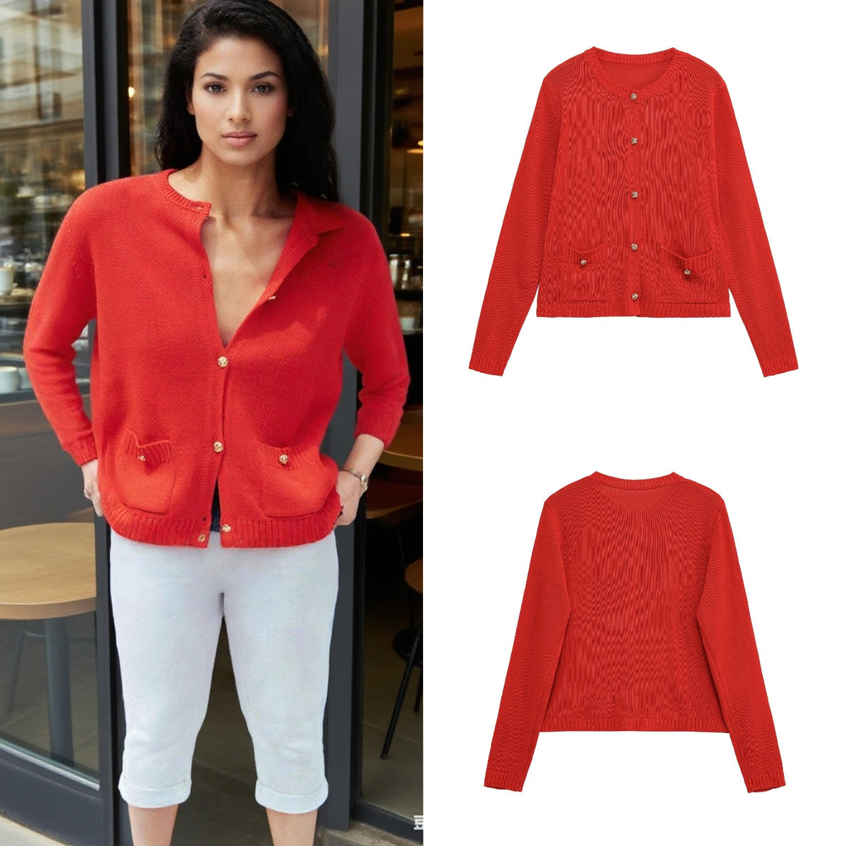 Women Fine Knit Cardigan with Decorative Buttons, Round Neckline and Patch Pockets Fashion Glam