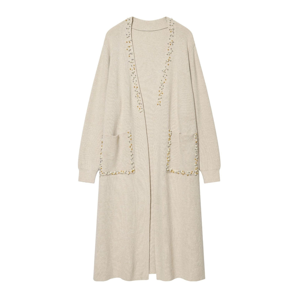 Women's long knit cardigan with bead embellishment and patch pockets Fashion Glam