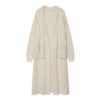 Women's long knit cardigan with bead embellishment and patch pockets Fashion Glam