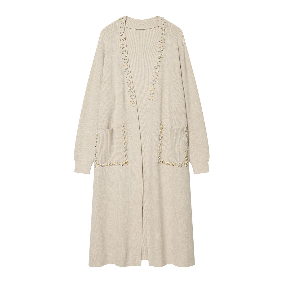 Women's long knit cardigan with bead embellishment and patch pockets Fashion Glam