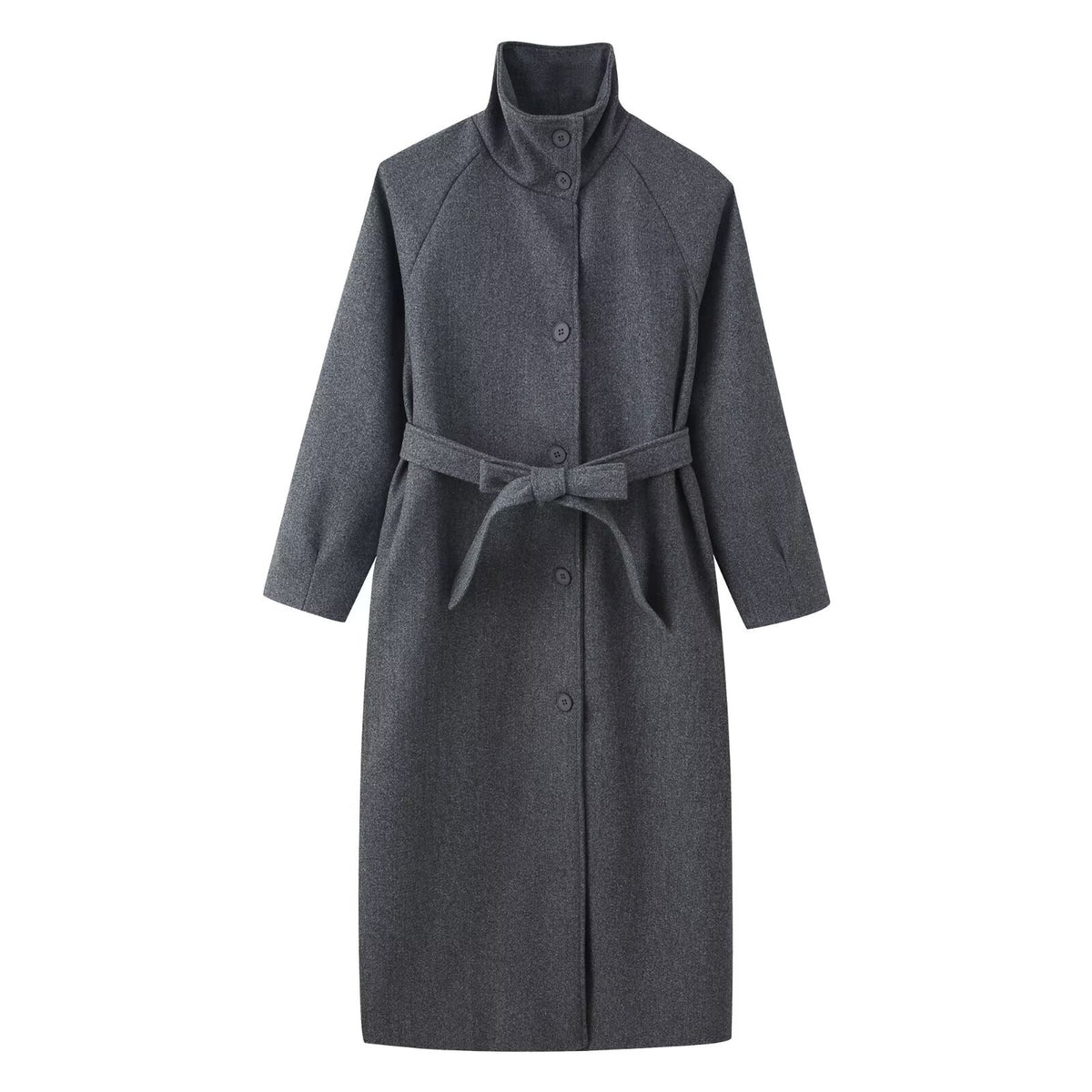 Women’s coat with tie belt, stand-up collar and raglan sleeves Fashion Glam