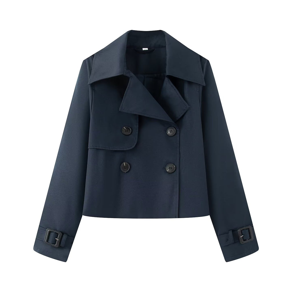 Women Cropped Double-breasted Trench Coat with Wide Lapels and Adjustable Cuffs Fashion Glam