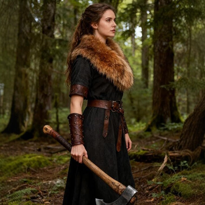 Ladies Medieval Faux Leather Breastplate with Embossed Ornamentation and Faux Fur Shoulder Collar Fashion Glam