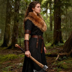 Ladies Medieval Faux Leather Breastplate with Embossed Ornamentation and Faux Fur Shoulder Collar Fashion Glam