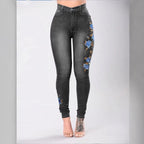 Women High-Waisted Sculpting Skinny Jeans with Side Floral Embroidery Fashion Glam