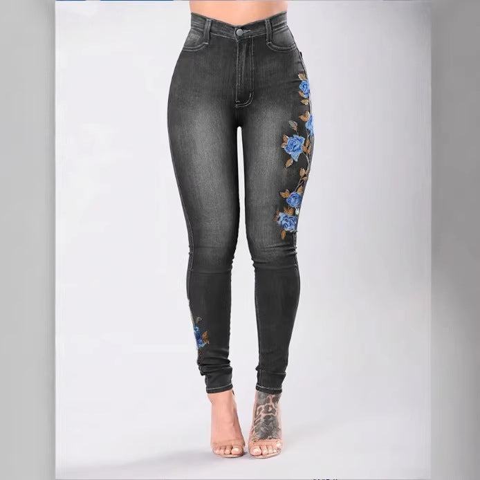 Women High-Waisted Sculpting Skinny Jeans with Side Floral Embroidery Fashion Glam