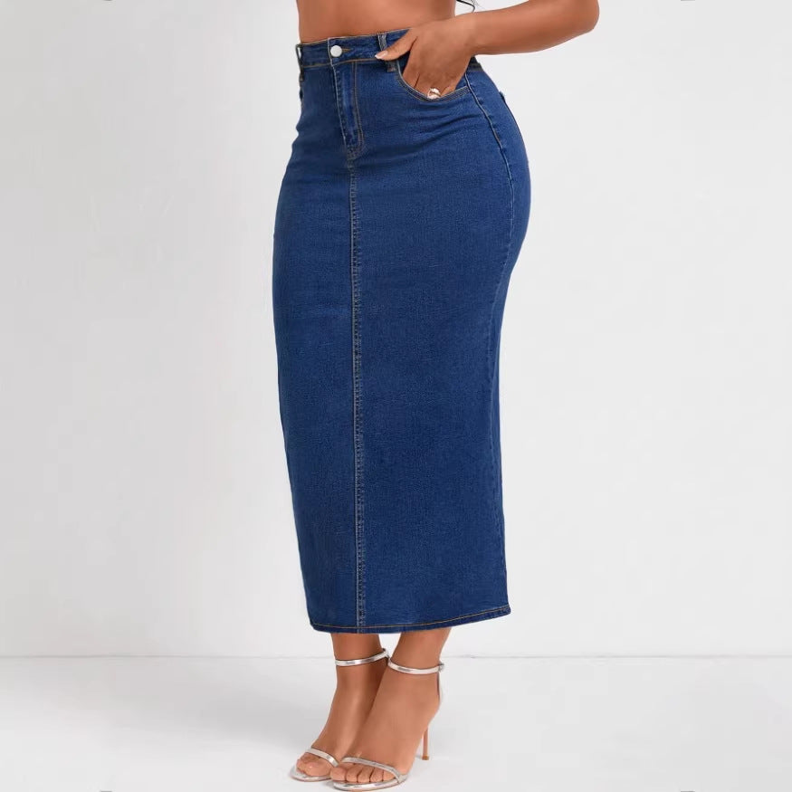 Women High-Waisted Stretch Denim Midi Skirt with Visible Center Seam and Five-Pocket Design Fashion Glam