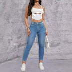 Ladies high-waisted skinny jeans with rhinestone embellishments and ankle-length cut Fashion Glam